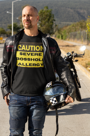 Open image in slideshow, CAUTION: Severe Bosshole Allergy ~ Super-comfortable, Unisex Short Sleeve T shirt With Add-A-Tude
