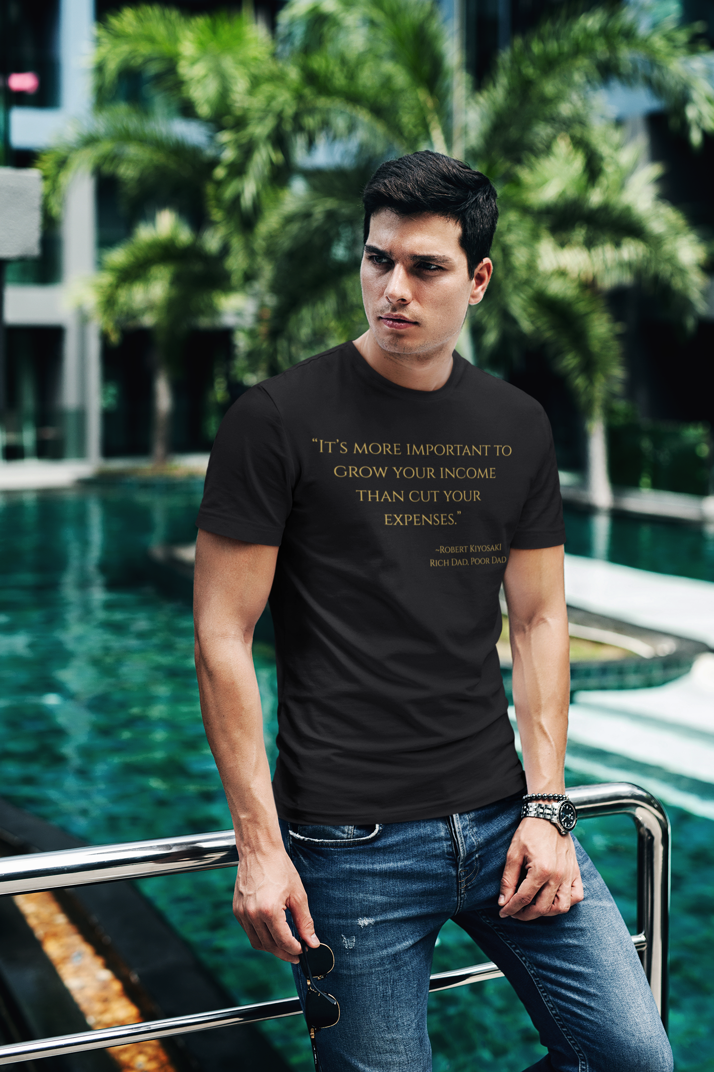 "It's more important to grow your income than cut your expenses." ~Robert Kiyosaki Rich Dad, Poor Dad ~ Super-comfortable, Unisex Short Sleeve T shirt With Add-A-Tude